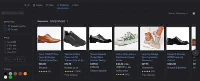 Google Shopping Ad result showing different shoes